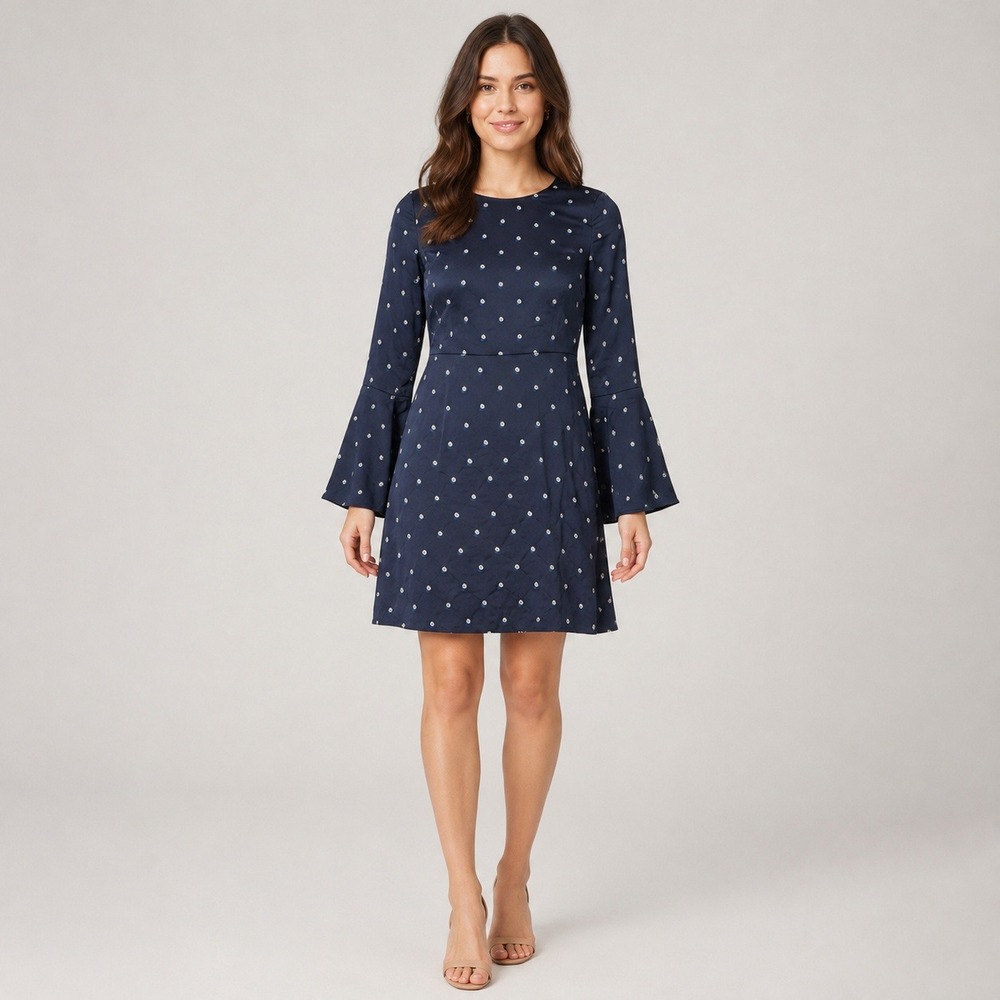 Banana Republic Women's 0 Navy Pearl Print Bell Sleeve Tie Back‎ Dress